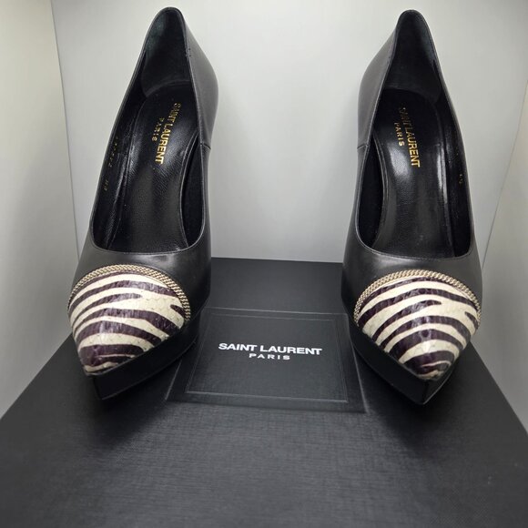 YSL Janis Pumps Pointed Cap Toes Zebra Pattern Snakeskin Calf Leather Black 40 - Picture 2 of 14